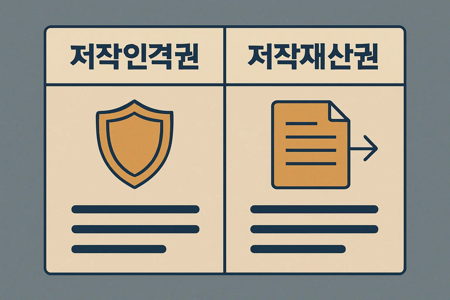 학위논문 저작권 구분: 저작인격권(양도불가)과 저작재산권(양도가능) 비교 다이어그램