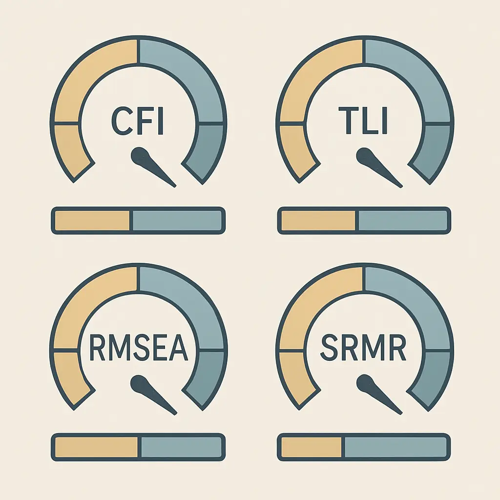 CFI·RMSEA·SRMR·TLI 등 SEM 적합도 지수 평가 기준 대시보드 일러스트
